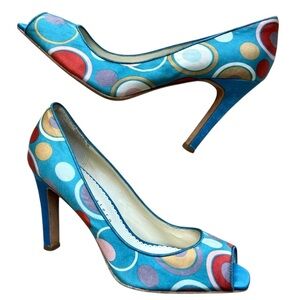 Martinez Valero Turquoise Teal Fabric Peep Toe Pump Multi-Color Dots Vintage